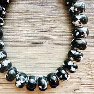 Black & White Chunky Statement Necklace single Strand Beaded jewelry, bridesmaid bib wedding, white bubble necklace resin