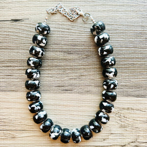 Black & White Chunky Statement Necklace single Strand Beaded jewelry, bridesmaid bib wedding, white bubble necklace resin