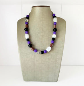 Purple Single Strand Necklace white black Jewelry, Chunky statement purple college football game mom team colors gemstone basketball spirit
