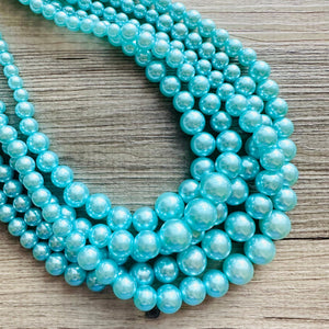 Turquoise Graduated Necklace, 5 strand jewelry, round beaded chunky statement necklace, blue necklace, light blue jewelry, formal drop long