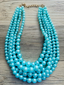 Turquoise Graduated Necklace, 5 strand jewelry, round beaded chunky statement necklace, blue necklace, light blue jewelry, formal drop long