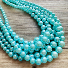 Load image into Gallery viewer, Turquoise Graduated Necklace, 5 strand jewelry, round beaded chunky statement necklace, blue necklace, light blue jewelry, formal drop long