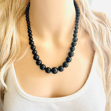 Load image into Gallery viewer, Black Beaded statement necklace, thick chunky graduated black jewelry, bead long necklace jewelry, black drop dangle earrings