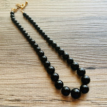 Load image into Gallery viewer, Black Beaded statement necklace, thick chunky graduated black jewelry, bead long necklace jewelry, black drop dangle earrings