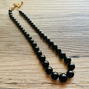 Black Beaded statement necklace, thick chunky graduated black jewelry, bead long necklace jewelry, black drop dangle earrings