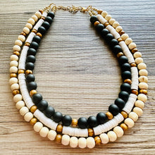 Load image into Gallery viewer, Wood chunky statement necklace, bib beaded jewelry 3 strand neutral necklace, wood multi strand wood, cream champagne Traveler Collection