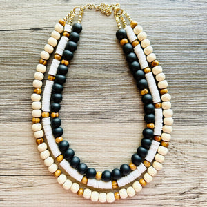 Wood chunky statement necklace, bib beaded jewelry 3 strand neutral necklace, wood multi strand wood, cream champagne Traveler Collection