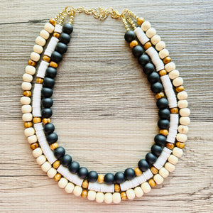 Wood chunky statement necklace, bib beaded jewelry 3 strand neutral necklace, wood multi strand wood, cream champagne Traveler Collection