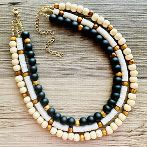 Wood chunky statement necklace, bib beaded jewelry 3 strand neutral necklace, wood multi strand wood, cream champagne Traveler Collection