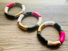 Load image into Gallery viewer, Cabana Candy Statement bracelet, chunky bold bamboo bracelet, gold colorful beaded jewelry, chunky geometric pink black tan white cream