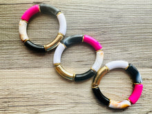 Load image into Gallery viewer, Cabana Candy Statement bracelet, chunky bold bamboo bracelet, gold colorful beaded jewelry, chunky geometric pink black tan white cream