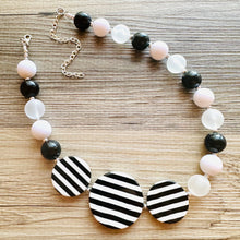 Load image into Gallery viewer, Black &amp; White Chunky Statement Necklace single Strand Beaded jewelry, bridesmaid bib wedding striped, white frosted bubble necklace