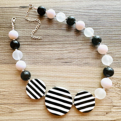 Black & White Chunky Statement Necklace single Strand Beaded jewelry, bridesmaid bib wedding striped, white frosted bubble necklace