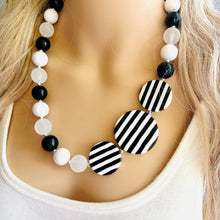 Load image into Gallery viewer, Black &amp; White Chunky Statement Necklace single Strand Beaded jewelry, bridesmaid bib wedding striped, white frosted bubble necklace