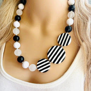 Black & White Chunky Statement Necklace single Strand Beaded jewelry, bridesmaid bib wedding striped, white frosted bubble necklace