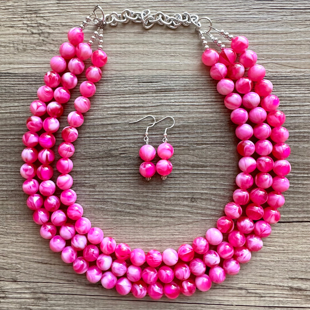 Hot Pink Pink Chunky Statement Necklace, 3 Strand Beaded Jewelry, Pink White cream jewelry, jewel tone mermaid bib dark pink earrings