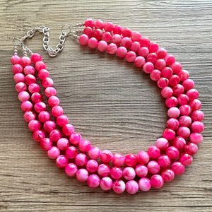 Hot Pink Pink Chunky Statement Necklace, 3 Strand Beaded Jewelry, Pink White cream jewelry, jewel tone mermaid bib dark pink earrings