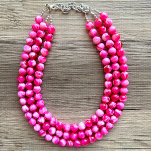 Hot Pink Pink Chunky Statement Necklace, 3 Strand Beaded Jewelry, Pink White cream jewelry, jewel tone mermaid bib dark pink earrings