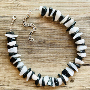 Black & White Chunky Statement Necklace single Strand Beaded jewelry, bridesmaid bib wedding, white bubble necklace resin