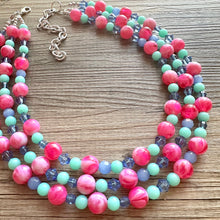 Load image into Gallery viewer, Carnival Day Hot Pink Statement Necklace, chunky bib beaded jewelry, colorful jewelry green periwinkle necklace, beaded jewelry earrings set
