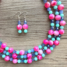 Load image into Gallery viewer, Carnival Day Hot Pink Statement Necklace, chunky bib beaded jewelry, colorful jewelry green periwinkle necklace, beaded jewelry earrings set