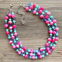 Load image into Gallery viewer, Carnival Day Hot Pink Statement Necklace, chunky bib beaded jewelry, colorful jewelry green periwinkle necklace, beaded jewelry earrings set