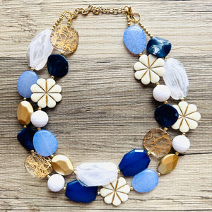 Nautical Chunky Statement Necklace, Big beaded jewelry, Double Strand Statement Necklace, navy blue an white, gold navy necklace, white gold
