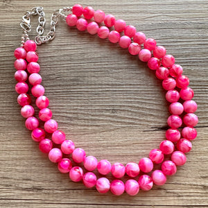 Hot Pink Pink Chunky Statement Necklace, 2 Strand Beaded Jewelry, Pink White cream jewelry, jewel tone mermaid bib dark pink earrings