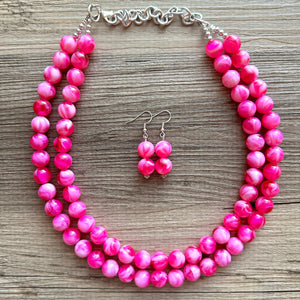 Hot Pink Pink Chunky Statement Necklace, 2 Strand Beaded Jewelry, Pink White cream jewelry, jewel tone mermaid bib dark pink earrings