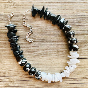 Black & White Chunky Statement Necklace single Strand Beaded jewelry, bridesmaid bib wedding, white bubble necklace resin