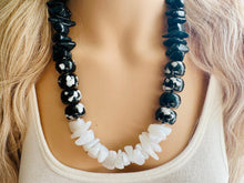 Load image into Gallery viewer, Black &amp; White Chunky Statement Necklace single Strand Beaded jewelry, bridesmaid bib wedding, white bubble necklace resin