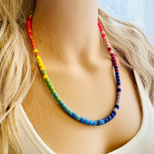 Load image into Gallery viewer, 18K Gold Block Layering Rainbow Beaded 1 Strand Necklace, Colorful Jewelry, Chunky statement necklace, jelly bean necklace confetti pride