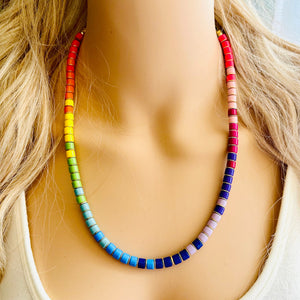 18K Gold Block Layering Rainbow Beaded 1 Strand Necklace, Colorful Jewelry, Chunky statement necklace, jelly bean necklace confetti pride