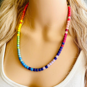 18K Gold Block Layering Rainbow Beaded 1 Strand Necklace, Colorful Jewelry, Chunky statement necklace, jelly bean necklace confetti pride