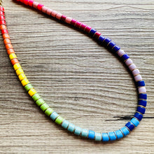 Load image into Gallery viewer, 18K Gold Block Layering Rainbow Beaded 1 Strand Necklace, Colorful Jewelry, Chunky statement necklace, jelly bean necklace confetti pride