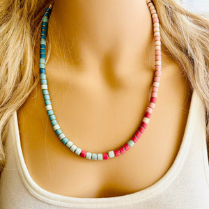 18K Gold Block Layering Pink & Blue Beaded 1 Strand Necklace, Colorful Jewelry, Chunky statement necklace, jelly bean necklace confetti