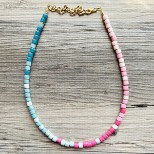 18K Gold Block Layering Pink & Blue Beaded 1 Strand Necklace, Colorful Jewelry, Chunky statement necklace, jelly bean necklace confetti