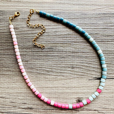 18K Gold Block Layering Pink & Blue Beaded 1 Strand Necklace, Colorful Jewelry, Chunky statement necklace, jelly bean necklace confetti
