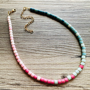 18K Gold Block Layering Pink & Blue Beaded 1 Strand Necklace, Colorful Jewelry, Chunky statement necklace, jelly bean necklace confetti