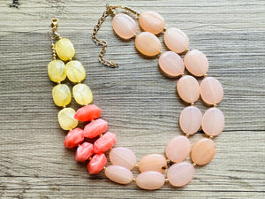 Peach Beach Sunset Big Bead Necklace, double Strand Statement Jewelry, coral Chunky bib bridesmaid coral yellow orange jewelry cream