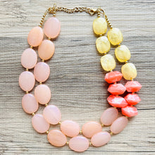 Load image into Gallery viewer, Peach Beach Sunset Big Bead Necklace, double Strand Statement Jewelry, coral Chunky bib bridesmaid coral yellow orange jewelry cream