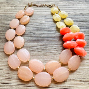 Peach Beach Sunset Big Bead Necklace, double Strand Statement Jewelry, coral Chunky bib bridesmaid coral yellow orange jewelry cream