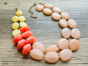 Peach Beach Sunset Big Bead Necklace, double Strand Statement Jewelry, coral Chunky bib bridesmaid coral yellow orange jewelry cream