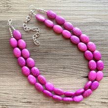 Load image into Gallery viewer, Hot Pink Rock Candy statement necklace and earring set, color block jewelry, pink chunky bib silver necklace, beaded jewelry crackle magenta