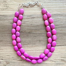 Load image into Gallery viewer, Hot Pink Rock Candy statement necklace and earring set, color block jewelry, pink chunky bib silver necklace, beaded jewelry crackle magenta