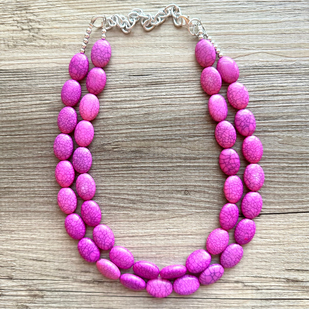 Hot Pink Rock Candy statement necklace and earring set, color block jewelry, pink chunky bib silver necklace, beaded jewelry crackle magenta