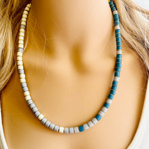 18K Gold Block Layering Cream & Blue Beaded 1 Strand Necklace, Colorful Jewelry, Chunky statement necklace, jelly bean necklace confetti