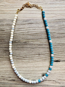 18K Gold Block Layering Cream & Blue Beaded 1 Strand Necklace, Colorful Jewelry, Chunky statement necklace, jelly bean necklace confetti