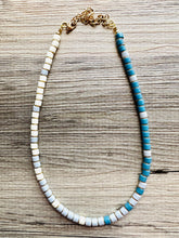 Load image into Gallery viewer, 18K Gold Block Layering Cream &amp; Blue Beaded 1 Strand Necklace, Colorful Jewelry, Chunky statement necklace, jelly bean necklace confetti