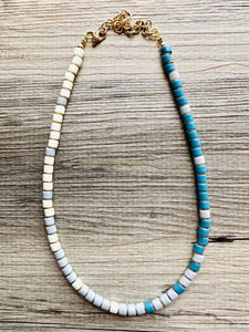 18K Gold Block Layering Cream & Blue Beaded 1 Strand Necklace, Colorful Jewelry, Chunky statement necklace, jelly bean necklace confetti